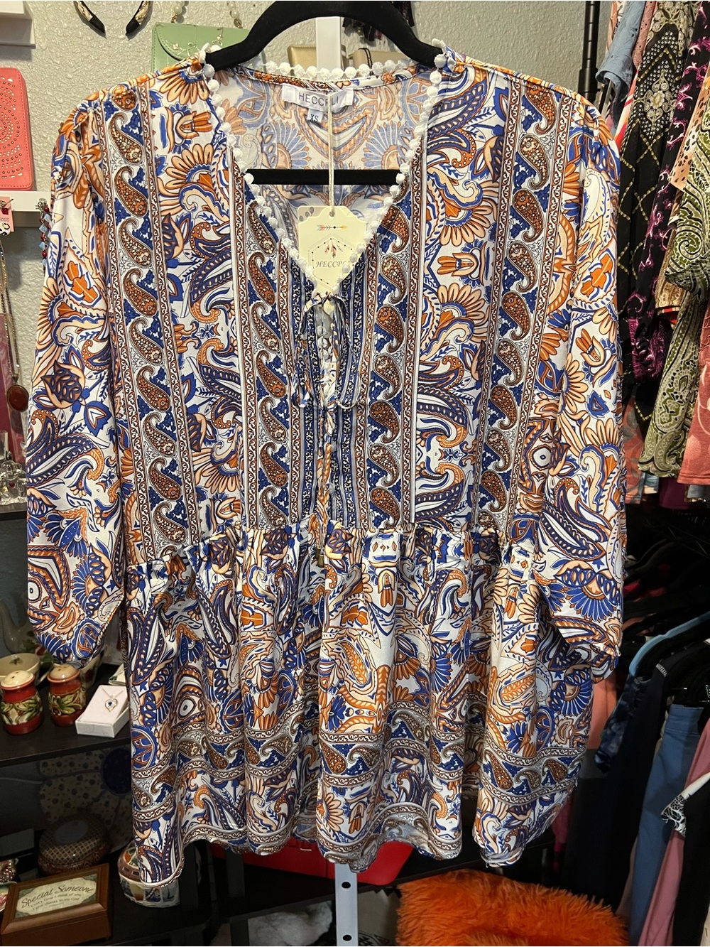 Boho Paisley Tunic Top - Blue & Orange